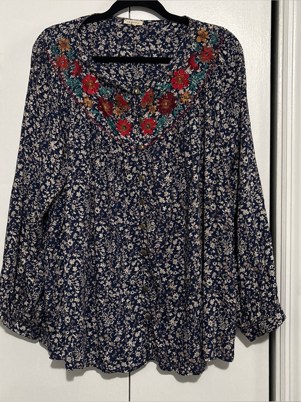 Jodiful Floral Embroidered Long Sleeve Blouse Navy Women's Large Boho Peasant